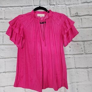 Caballero Womens Pink Polkadots Layered Short Sleeves Ruffled Neckline Blouse XS